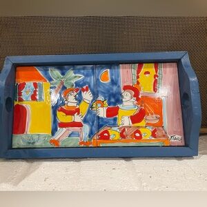 La Miss hand-painted Italian ceramic tile on a wood serving tray